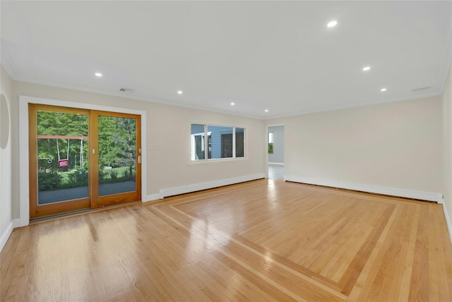 77 Greenwood Ln, White Plains, NY 10607 - unfurnished living room featuring baseboards, ornamental molding, wood finished floors, and recessed lighting