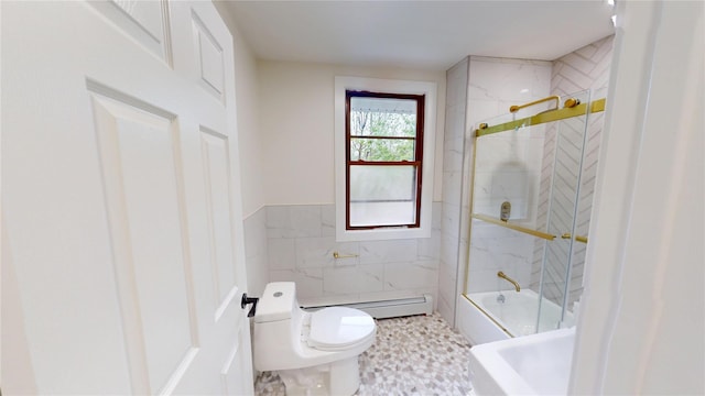 250 Cedar Hill Ave, Nyack, NY 10960 - full bathroom featuring tile walls, toilet, a tub, an enclosed shower, and baseboard heating