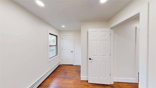 250 Cedar Hill Ave, Nyack, NY 10960 - hallway with dark wood-style flooring, a baseboard radiator, baseboards, and recessed lighting