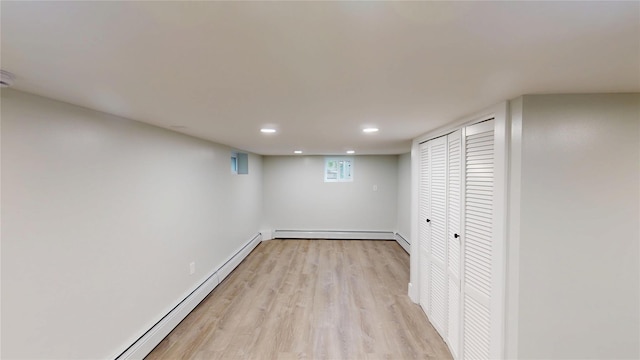250 Cedar Hill Ave, Nyack, NY 10960 - basement with a baseboard radiator, recessed lighting, baseboards, and light wood-style floors
