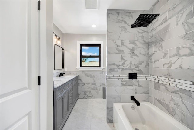 169 Bretton Rd, Yonkers, NY 10710 - full bath featuring visible vents, double vanity, marble finish floor, a shower, and a bathtub