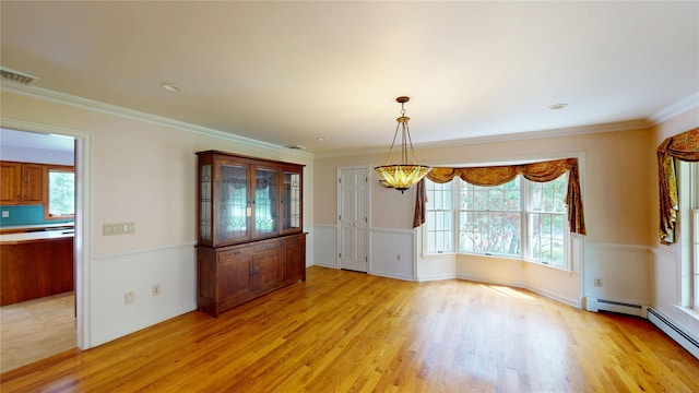 11 Hidden Meadow Rd, Warwick, NY 10990 - unfurnished dining area featuring light wood-type flooring, a chandelier, ornamental molding, and a baseboard radiator