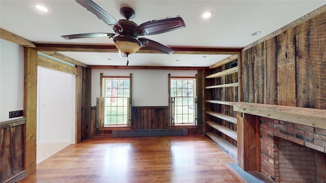 11 Hidden Meadow Rd, Warwick, NY 10990 - unfurnished living room featuring baseboard heating, a wainscoted wall, wood finished floors, a ceiling fan, and recessed lighting