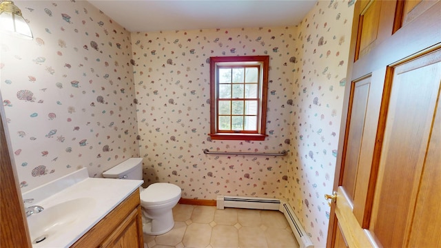 11 Hidden Meadow Rd, Warwick, NY 10990 - bathroom featuring wallpapered walls, a baseboard radiator, vanity, and tile patterned floors