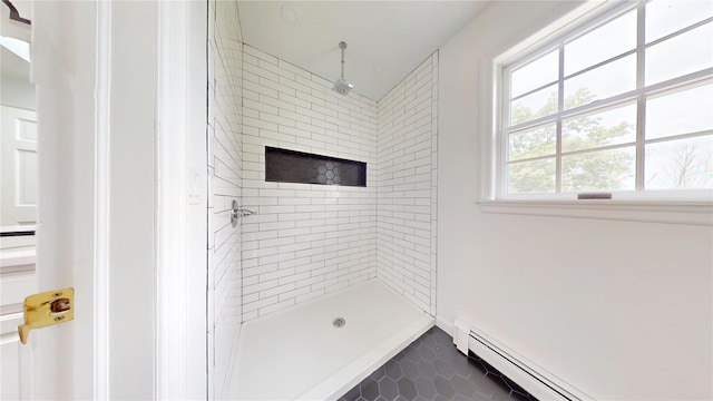 11 Hidden Meadow Rd, Warwick, NY 10990 - bathroom featuring a tile shower, tile patterned flooring, and a baseboard radiator