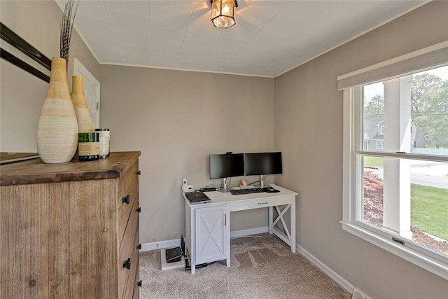 office featuring baseboards, light colored carpet, and ornamental molding