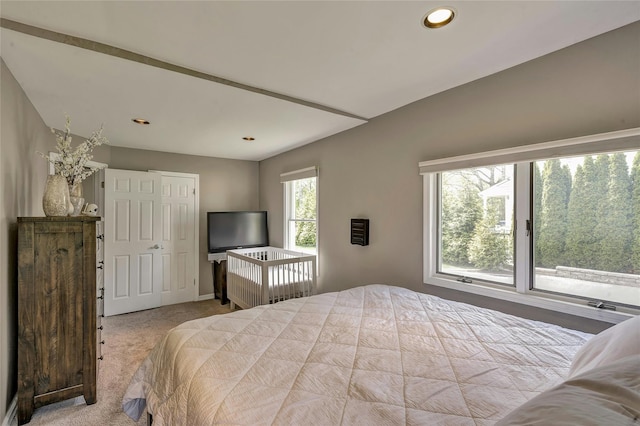 carpeted bedroom with baseboards and recessed lighting