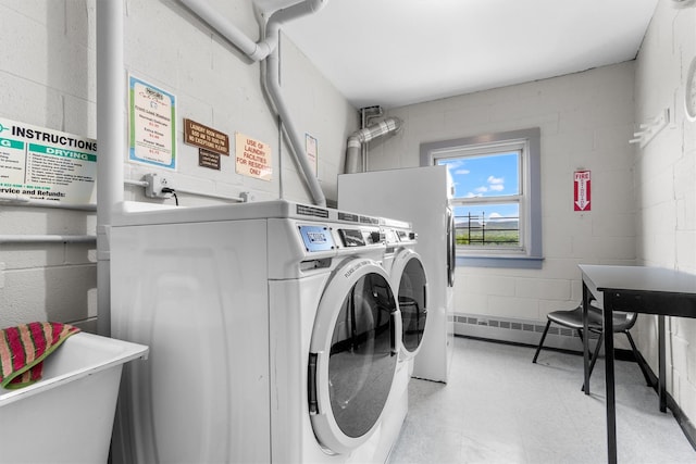 1 Lakeview Dr Unit 1L, Peekskill, NY 10566 - community laundry room with washer and clothes dryer, concrete block wall, a baseboard heating unit, and light flooring