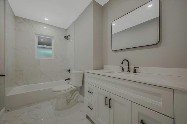 bathroom with shower / bathing tub combination, vanity, toilet, marble finish floor, and recessed lighting