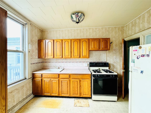 68-11 52nd Dr, Maspeth, NY 11378 - kitchen featuring gas range oven, freestanding refrigerator, a sink, and brown cabinetry