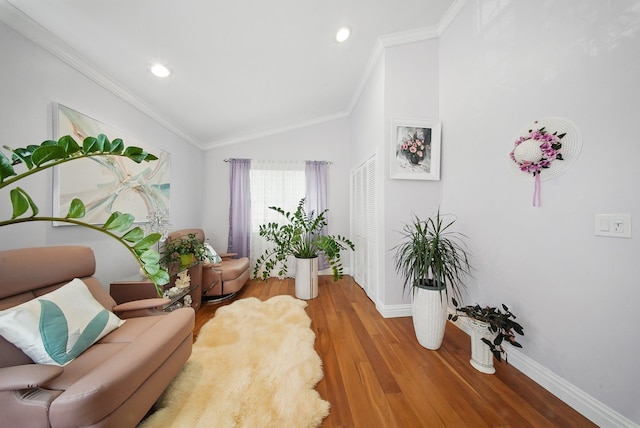 living area featuring wood finished floors, ornamental molding, baseboards, and lofted ceiling