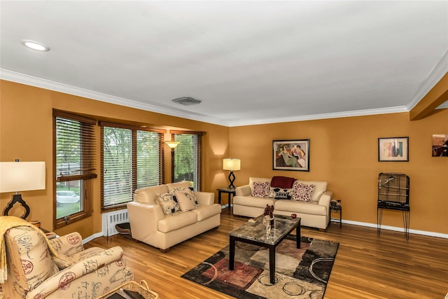 31 Elmwood Ct, Plainview, NY 11803 - living room featuring wood finished floors, ornamental molding, baseboards, and radiator