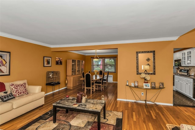 31 Elmwood Ct, Plainview, NY 11803 - living room with wood finished floors, ornamental molding, and baseboards