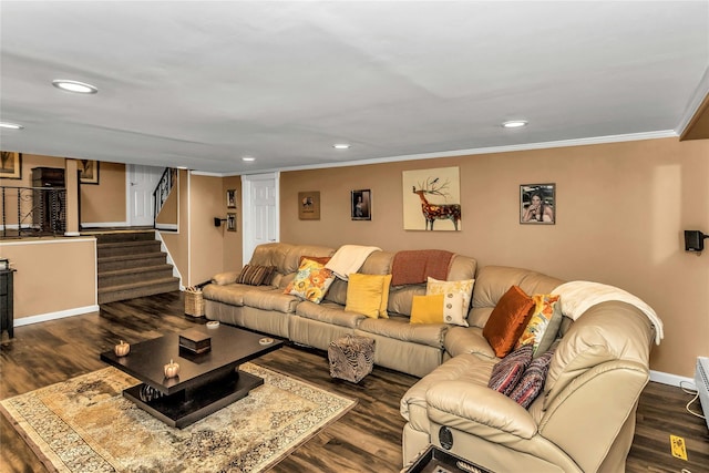 31 Elmwood Ct, Plainview, NY 11803 - living room with dark wood-style floors, ornamental molding, stairs, recessed lighting, and baseboards