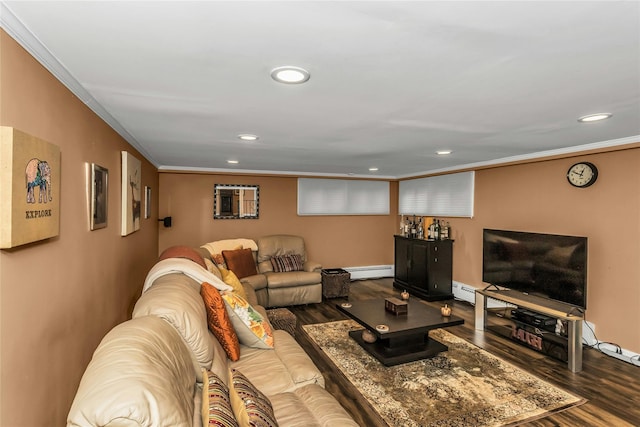 31 Elmwood Ct, Plainview, NY 11803 - living room with a baseboard radiator, ornamental molding, recessed lighting, wood finished floors, and baseboards