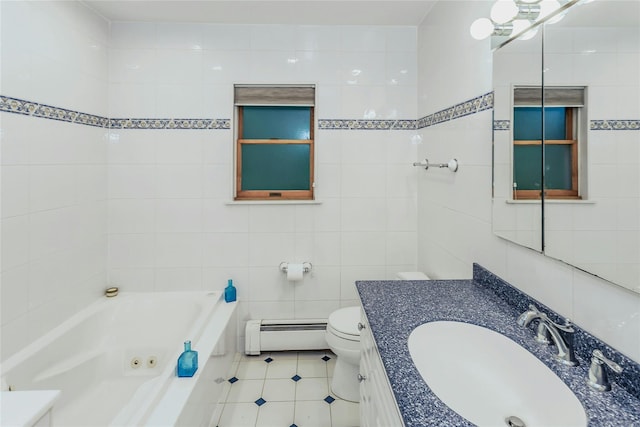 31 Elmwood Ct, Plainview, NY 11803 - bathroom featuring tile walls, baseboard heating, tile patterned flooring, a whirlpool tub, and toilet