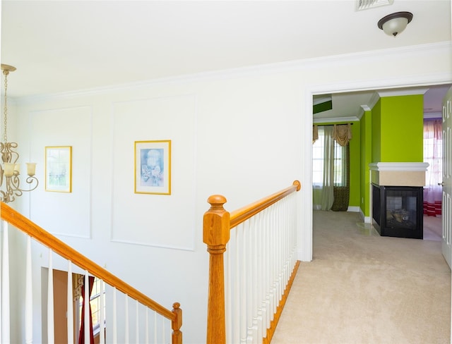 corridor featuring plenty of natural light, ornamental molding, carpet, and a chandelier