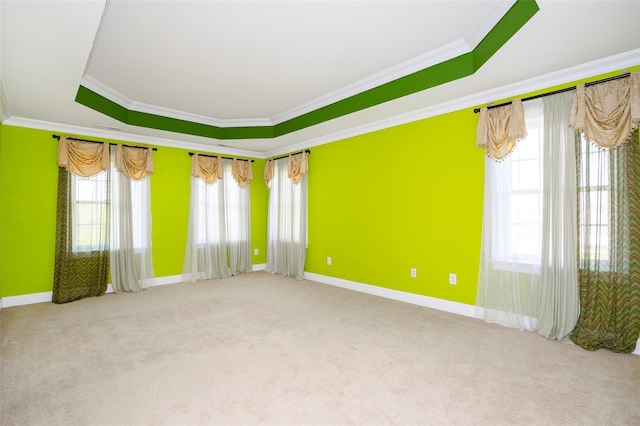 spare room with a tray ceiling, baseboards, ornamental molding, and carpet flooring