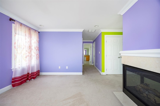 unfurnished living room with crown molding, baseboards, recessed lighting, carpet flooring, and a multi sided fireplace