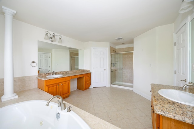 bathroom with visible vents, a sink, a tub with jets, and a shower stall