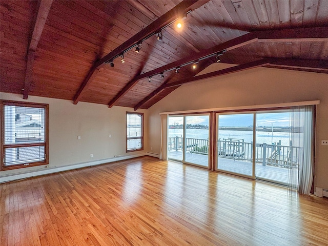 208 Block Ln, Harbor Isle, NY 11558 - unfurnished room featuring rail lighting, wooden ceiling, light wood-style floors, and baseboards