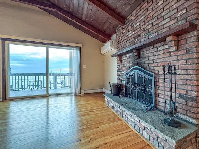 208 Block Ln, Harbor Isle, NY 11558 - unfurnished living room featuring a baseboard heating unit, wood finished floors, an AC wall unit, wood ceiling, and a brick fireplace