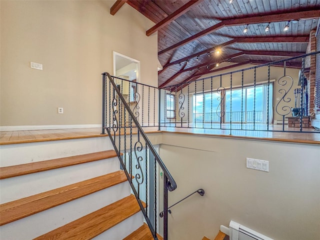 208 Block Ln, Harbor Isle, NY 11558 - stairs featuring wooden ceiling, baseboard heating, and baseboards