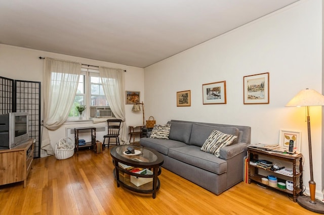 living area with wood finished floors and cooling unit