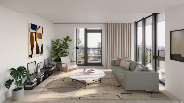 living area featuring baseboards