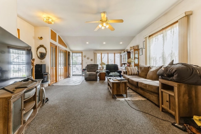 84-52 123rd St, Kew Gardens, NY 11415 - living room featuring carpet floors, ceiling fan, and lofted ceiling