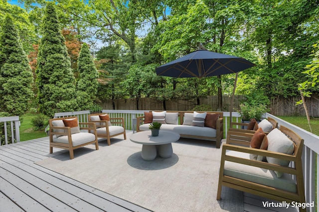 2 Heiko Ct, Northport, NY 11768 - wooden deck featuring an outdoor living space and a fenced backyard