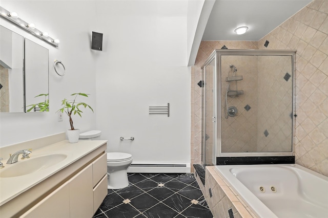 full bath featuring tile patterned flooring, toilet, a jetted tub, a shower stall, and a baseboard radiator