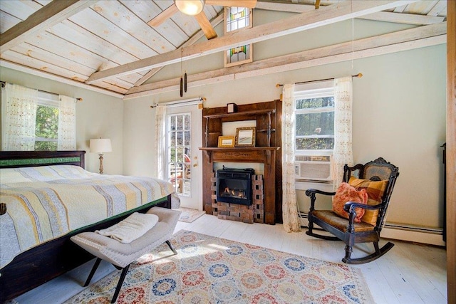 bedroom featuring cooling unit, a glass covered fireplace, vaulted ceiling with beams, wood ceiling, and hardwood / wood-style flooring