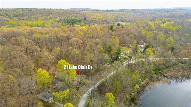 drone / aerial view featuring a water view and a wooded view
