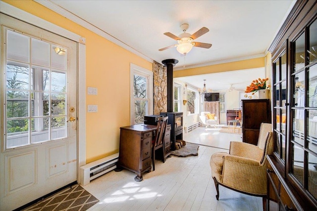 foyer featuring plenty of natural light, a wood stove, and ornamental molding