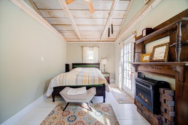 bedroom with wooden ceiling, baseboards, beam ceiling, and light wood-style flooring