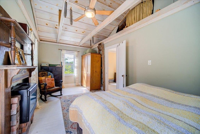 bedroom featuring lofted ceiling with beams, light wood-style flooring, and wooden ceiling