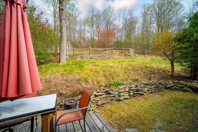 wooden terrace with a yard and fence