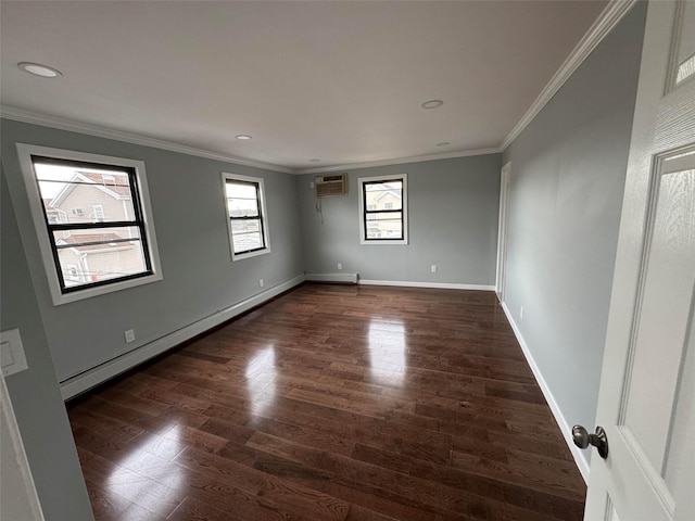 188-51 120th Rd, Saint Albans, NY 11412 - unfurnished room with a wall mounted AC, dark wood-style floors, ornamental molding, a baseboard heating unit, and baseboards
