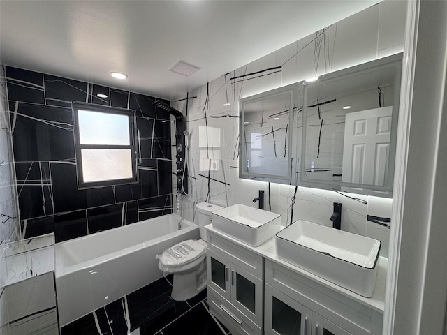 188-51 120th Rd, Saint Albans, NY 11412 - full bathroom with double vanity, shower / bath combination, toilet, and tile walls