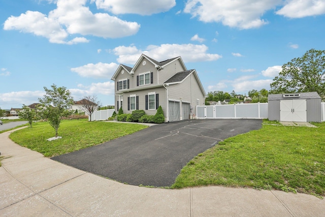 traditional-style house featuring asphalt driveway, a storage unit, a gate, an outbuilding, and an attached garage