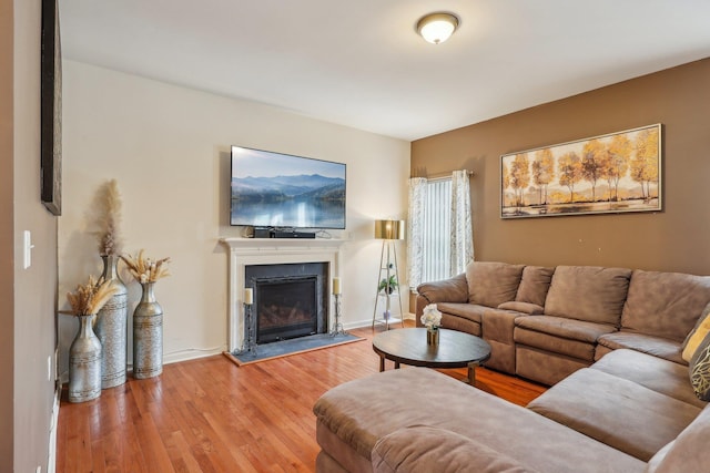 living room featuring hardwood / wood-style floors, a fireplace, and baseboards