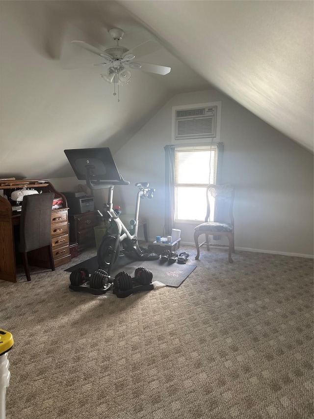 bonus room with carpet flooring, a ceiling fan, a wall unit AC, and lofted ceiling