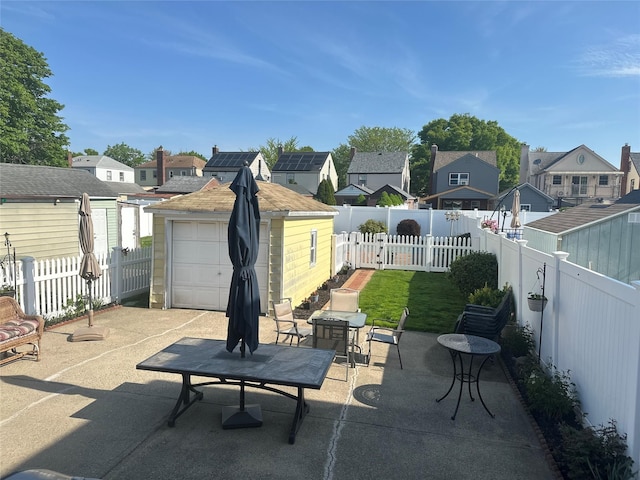 view of patio / terrace featuring a residential view, an outbuilding, and a fenced backyard