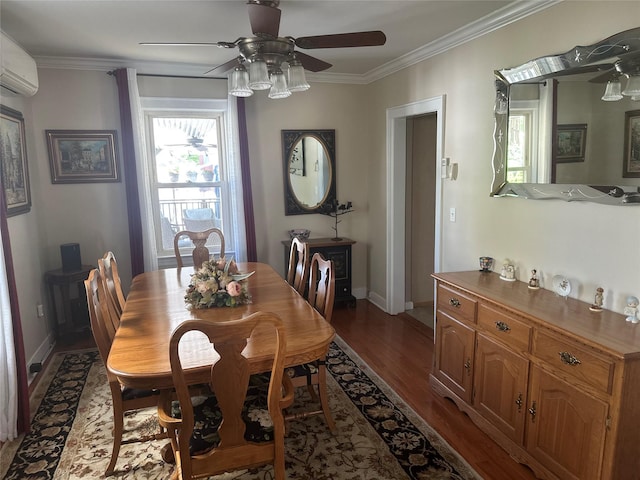 dining area with a ceiling fan, ornamental molding, wood finished floors, and a wall mounted air conditioner