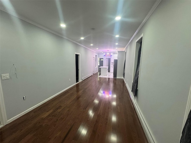 23-21 98th St, Flushing, NY 11369 - corridor with a baseboard radiator, ornamental molding, recessed lighting, dark wood-style floors, and baseboards