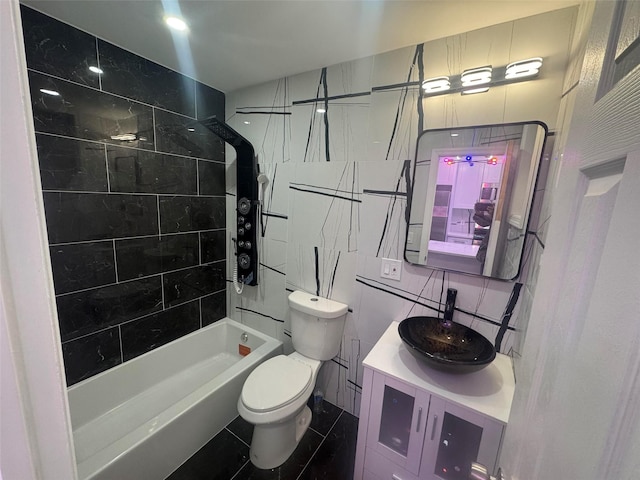 23-21 98th St, Flushing, NY 11369 - full bathroom with tile walls, toilet, vanity, shower / bathtub combination, and tile patterned floors