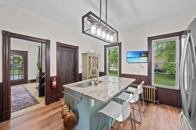 96 E Main St, Port Jervis, NY 12771 - kitchen featuring a sink, radiator, wainscoting, light wood finished floors, and freestanding refrigerator