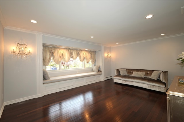 living area with crown molding, recessed lighting, baseboard heating, and hardwood / wood-style flooring