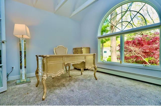 carpeted home office with baseboards, vaulted ceiling, and baseboard heating
